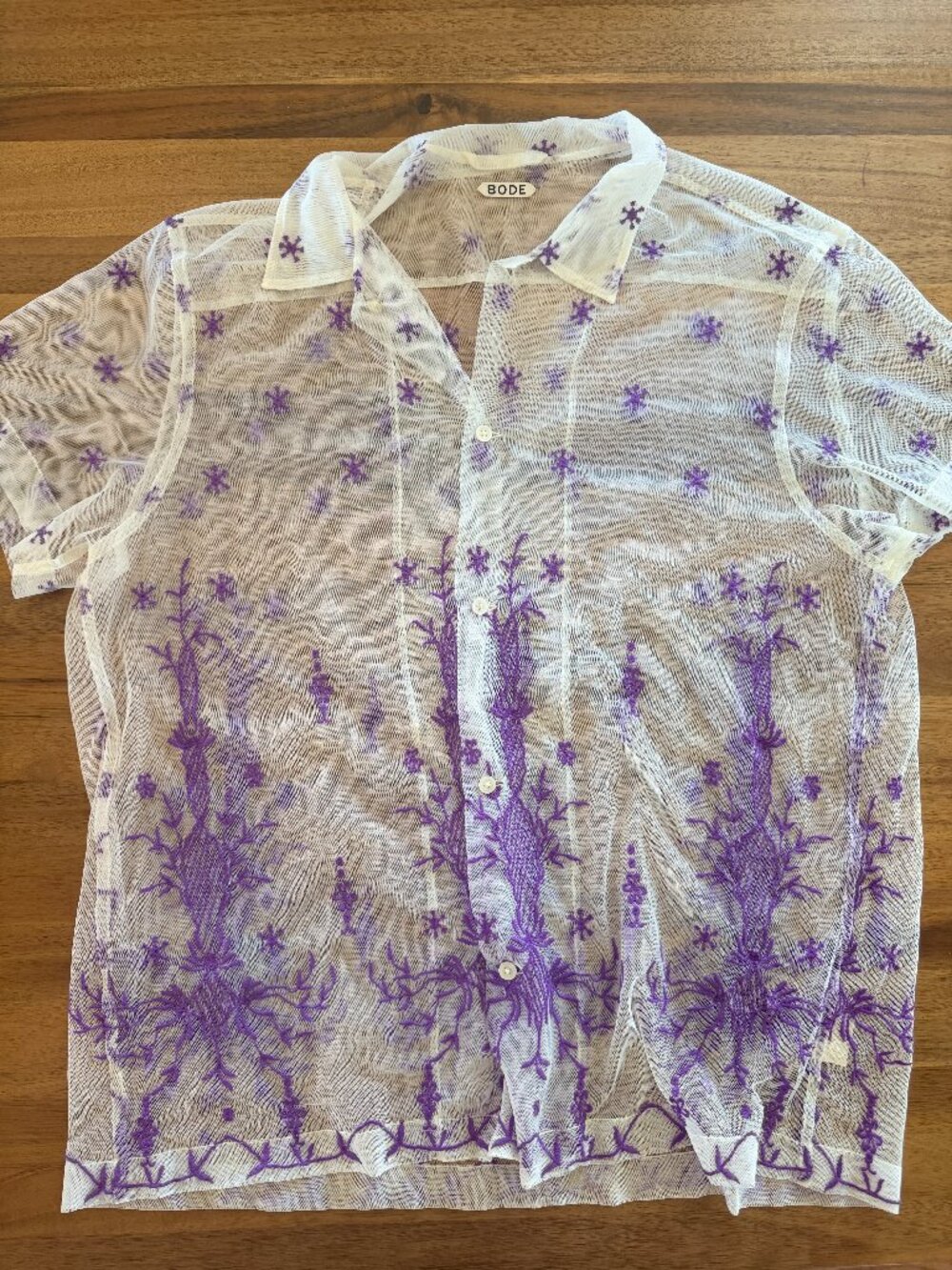 Bode Sheer Botanical Embroidered Short Sleeve Shirt — L